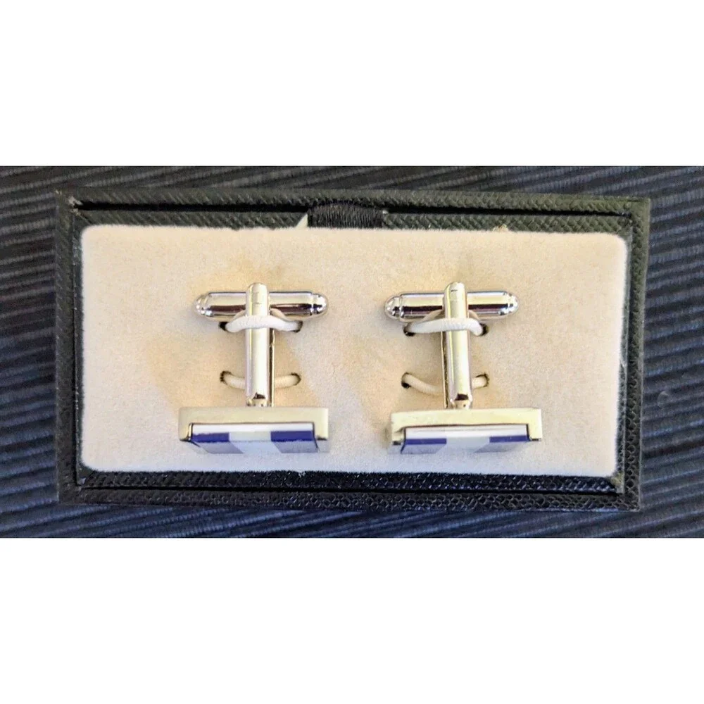 Jos A Bank Cufflink Set Faux Mother-Of-Pearl Blue & Silver Design French Cuffs